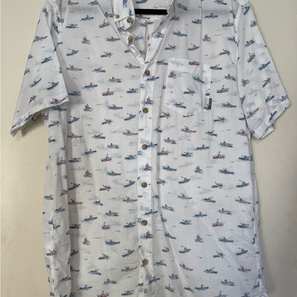Eddie Bauer White and Blue Patterned Casual Shirt